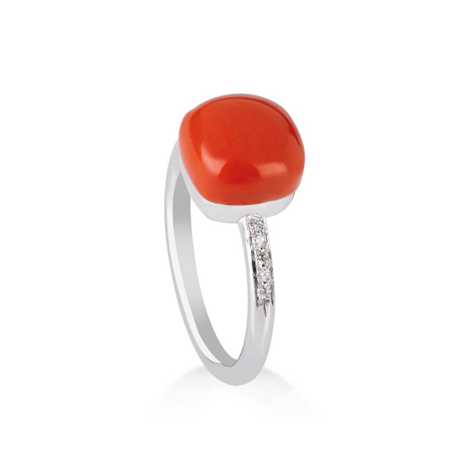 Anello Corallo Rosso Oro Bianco e Diamanti